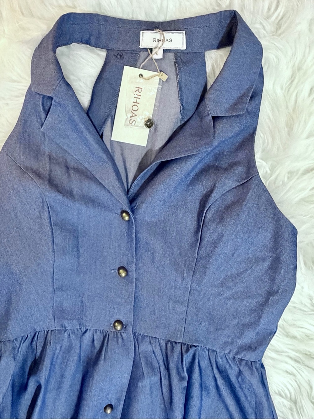 RIHOAS Blue Chambray Lapel Button Front Midi Dress Size S NWT - Picture 3 of 14